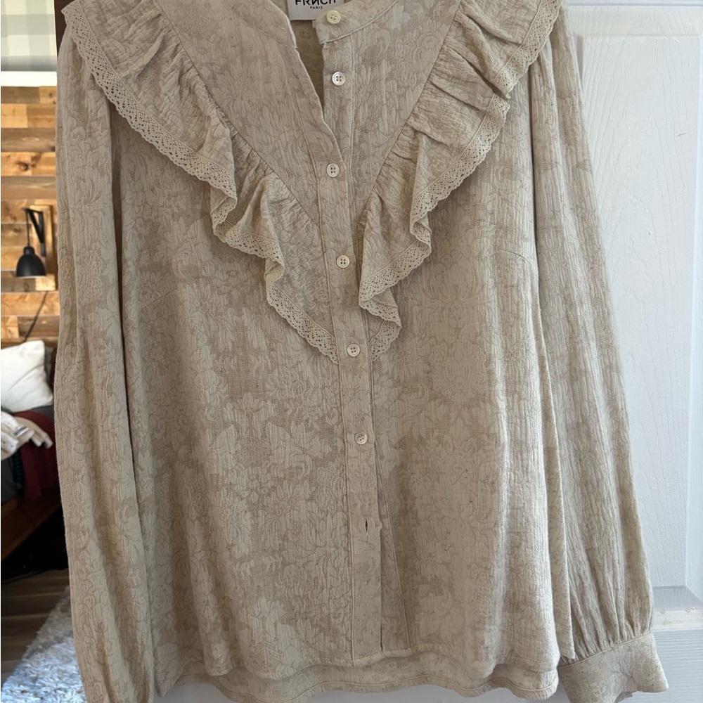 FRNCH Cream Textured Ruffle-Yoke Long Sleeve Blouse - Picture 2 of 7